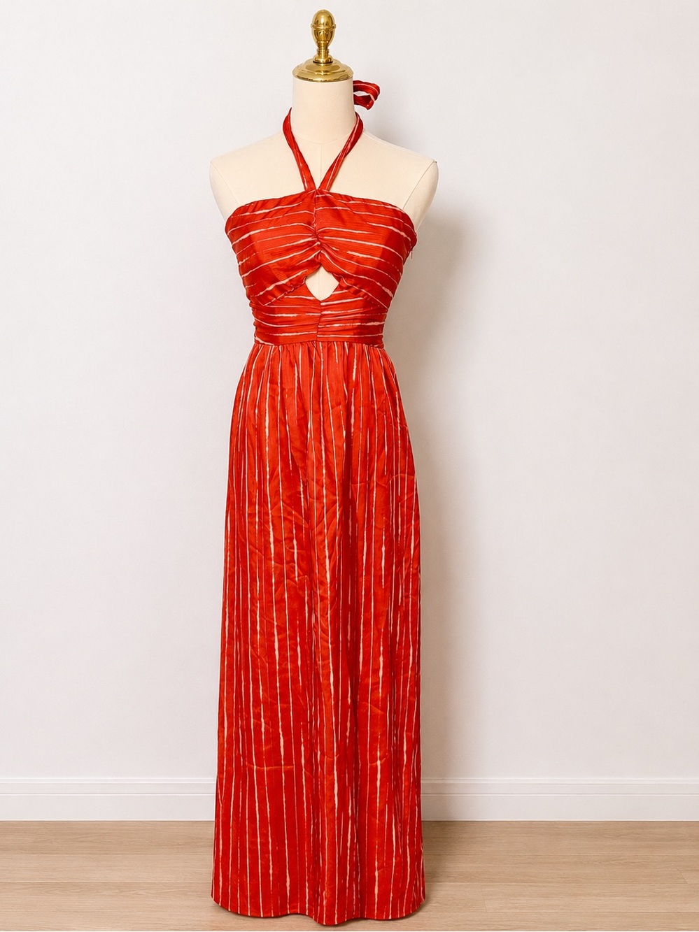 Orange Redish Halter Maxi Dress with Twist Front
